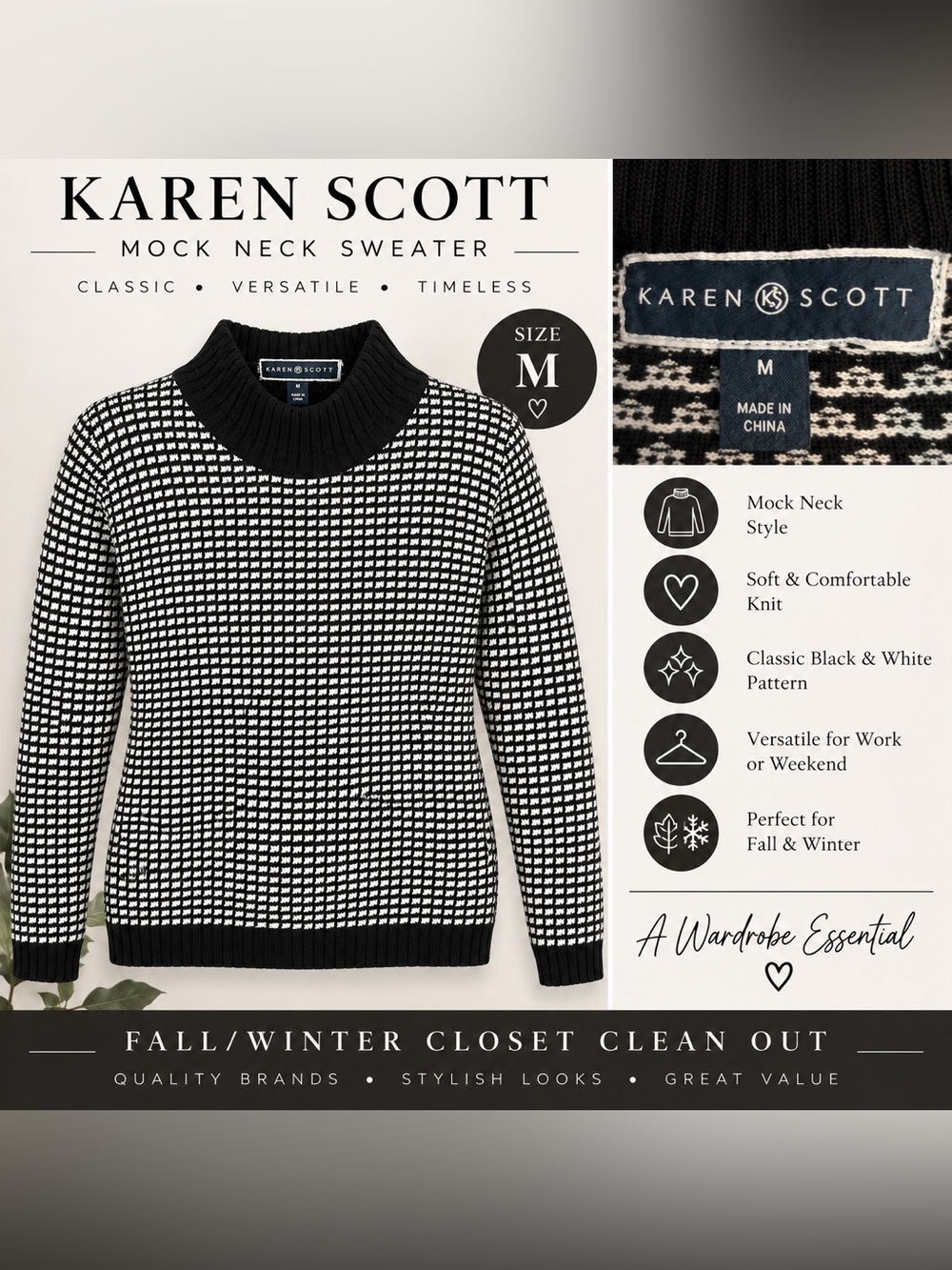 Karen Scott Black & White Mock Neck Houndstooth Sweater